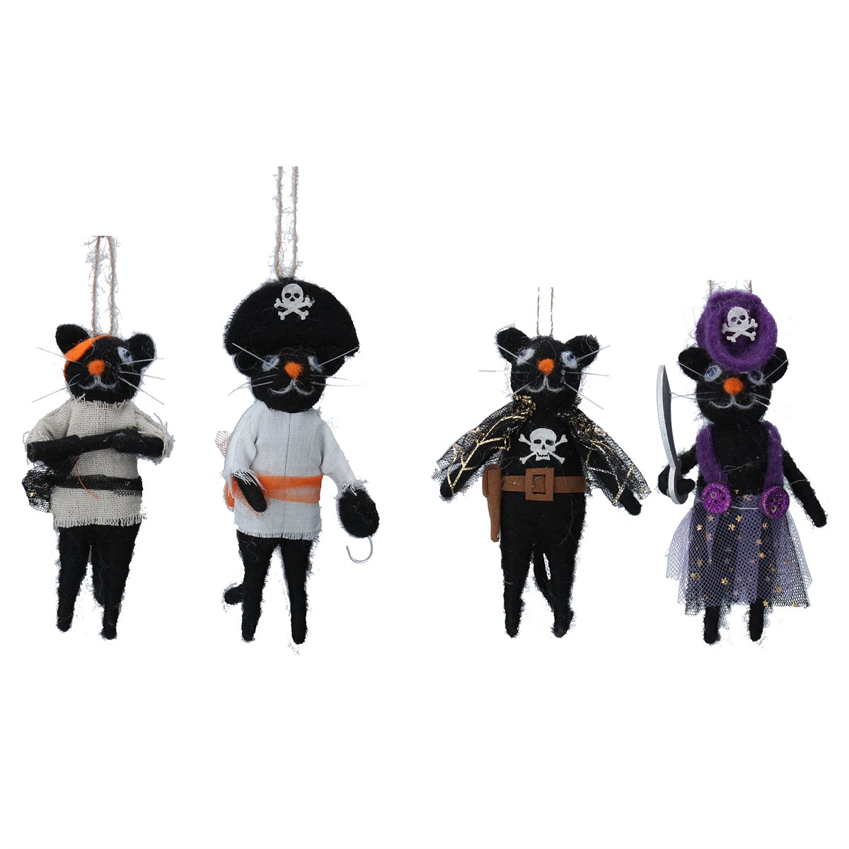 Choice of 4 designs. Wool pirate cat hanging Halloween decorations. By Gisela Graham. The perfect addition to your home this Halloween.